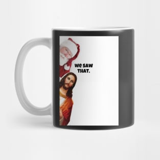 jesus looking around corner with santa christmas funny cards Mug